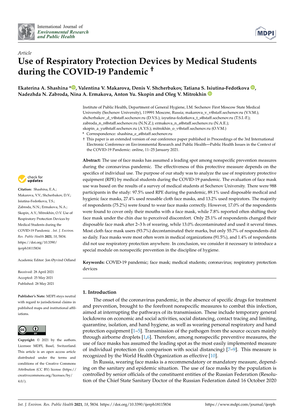 Use of Respiratory Protection Devices by Medical Students During the COVID-19 Pandemic †