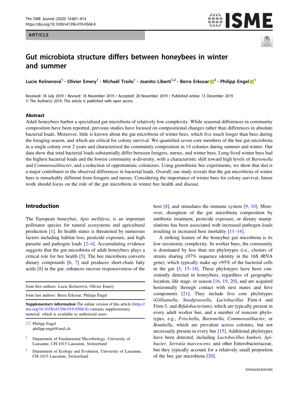 Gut Microbiota Structure Differs Between Honeybees in Winter and Summer