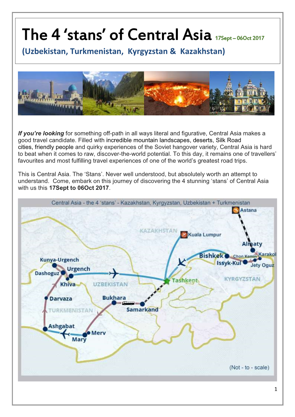Of Central Asia 17Sept – 06Oct 2017 (Uzbekistan, Turkmenistan, Kyrgyzstan & Kazakhstan)