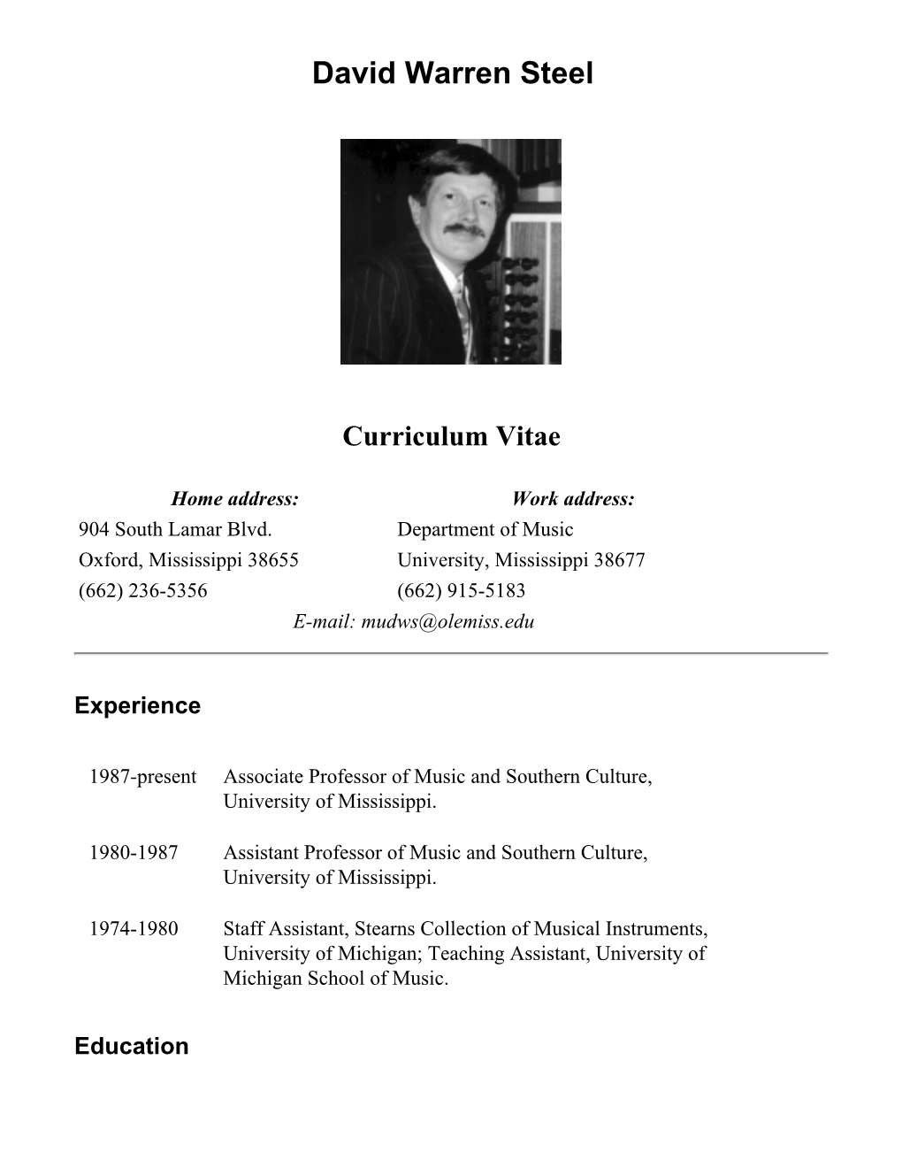 David Warren Steel: Curriculum Vitae