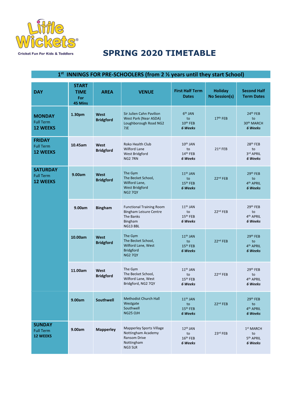 Spring 2020 Timetable