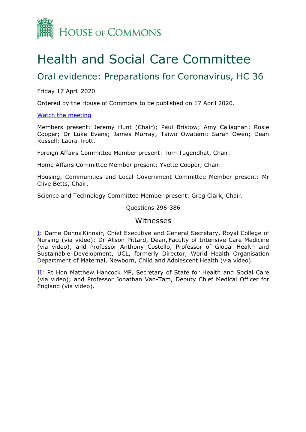 Health and Social Care Committee Oral Evidence: Preparations for Coronavirus, HC 36