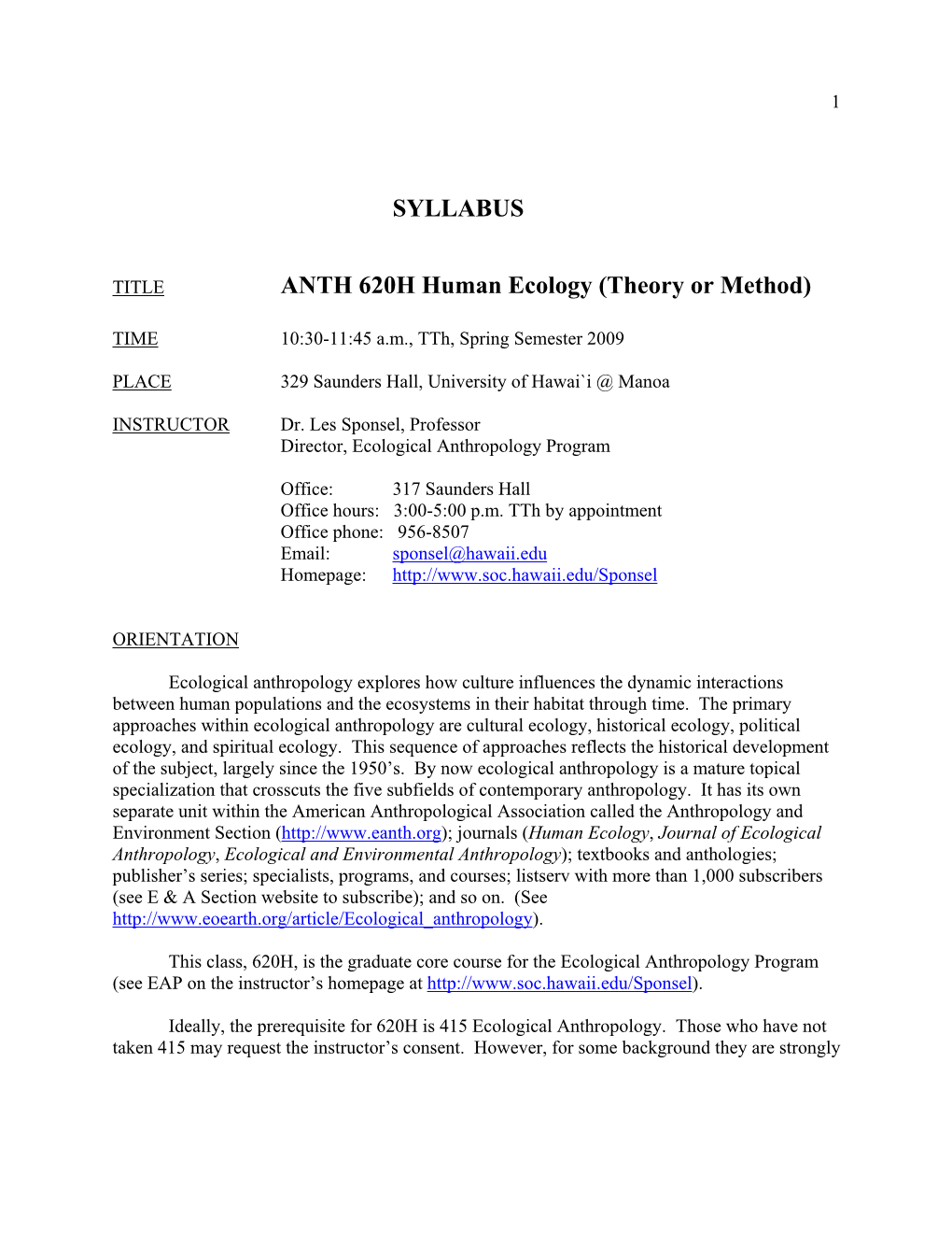 SYLLABUS ANTH 620H Human Ecology