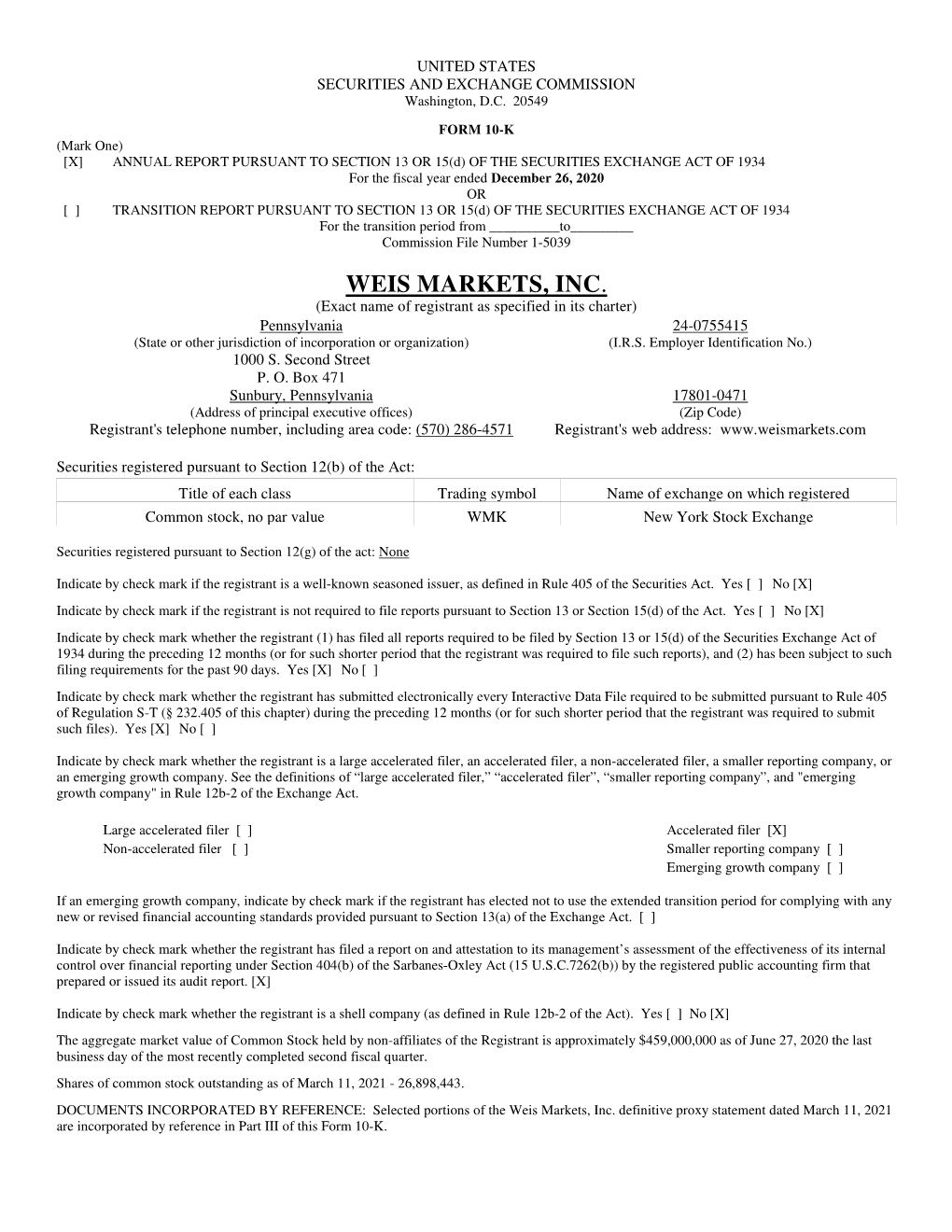 Weis Markets, Inc. 2020 FORM 10K FINAL