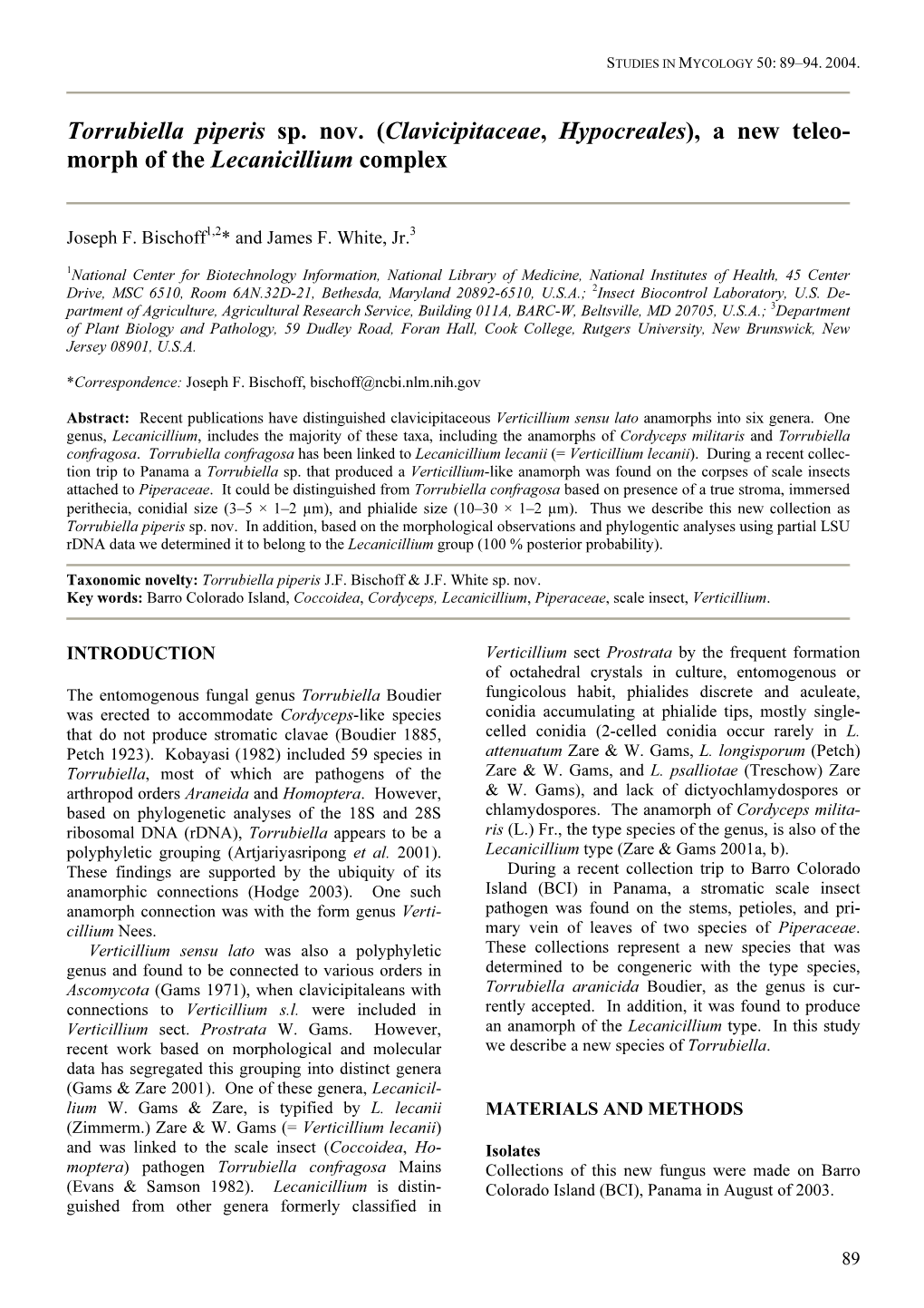 Torrubiella Piperis Sp. Nov. (Clavicipitaceae, Hypocreales), a New Teleo- Morph of the Lecanicillium Complex