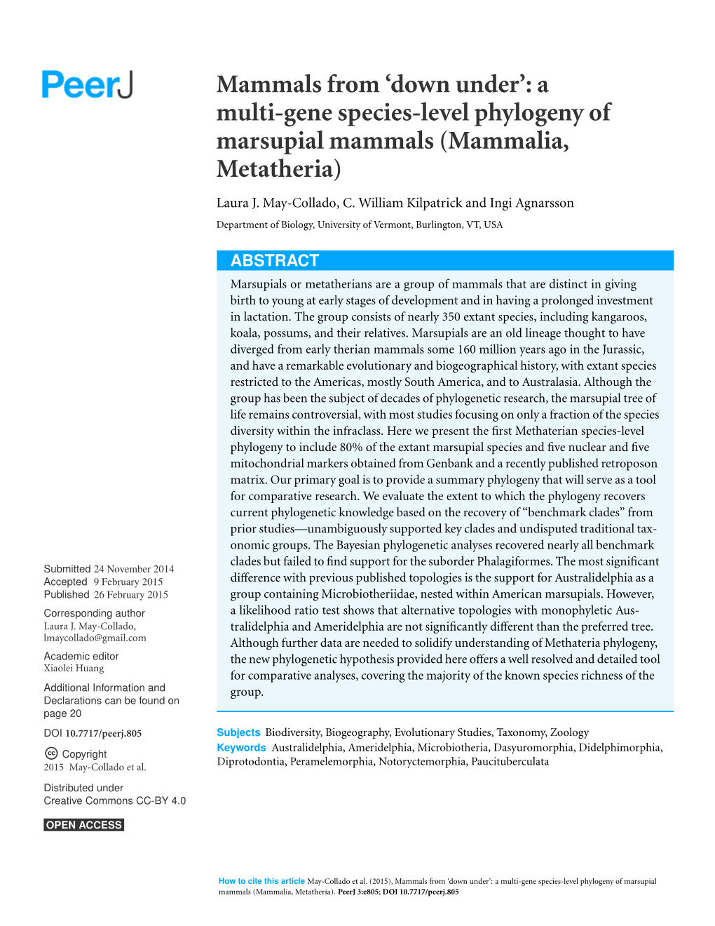 A Multi-Gene Species-Level Phylogeny of Marsupial Mammals (Mammalia, Metatheria) Laura J