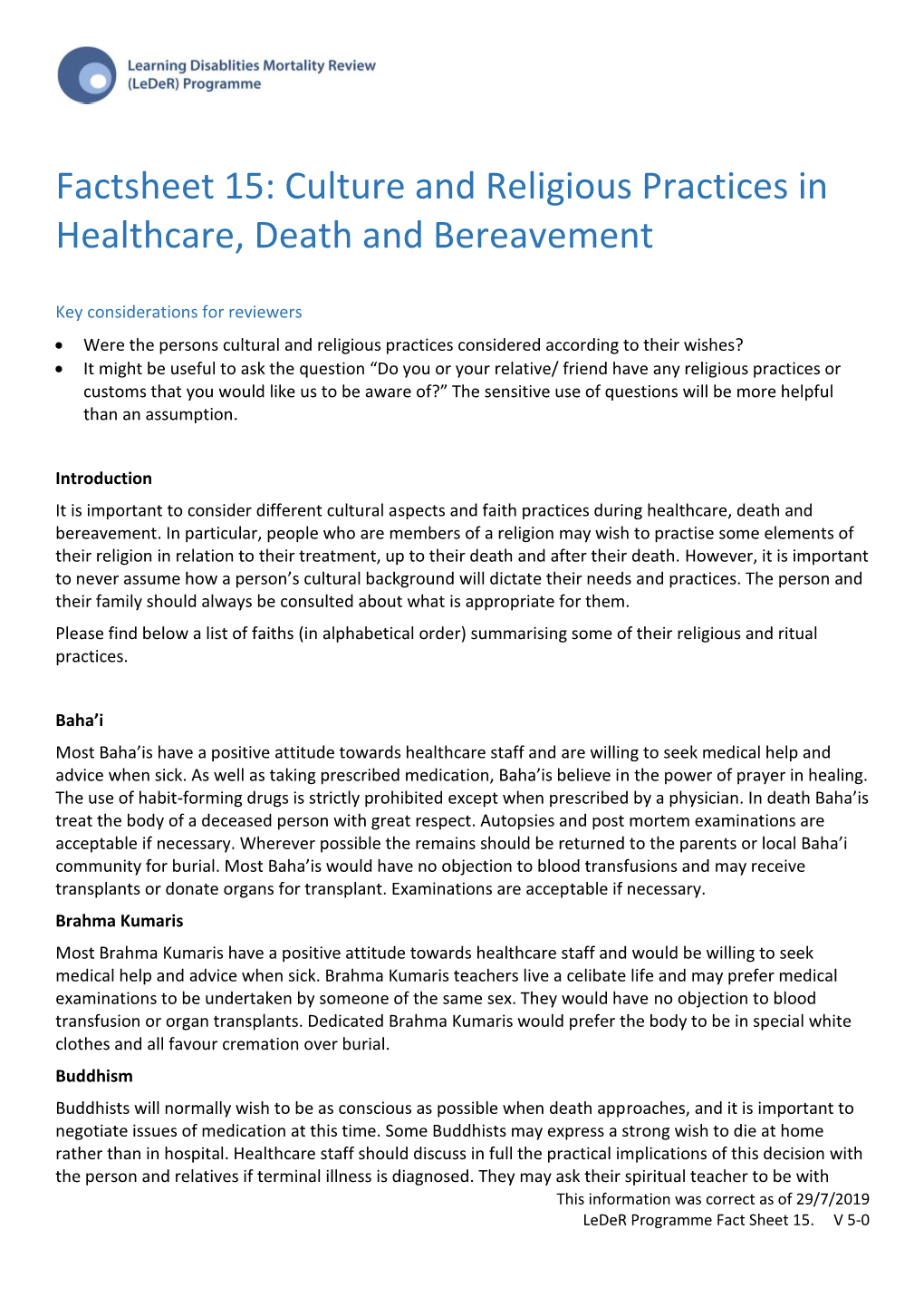 Culture and Religious Practices in Healthcare, Death and Bereavement