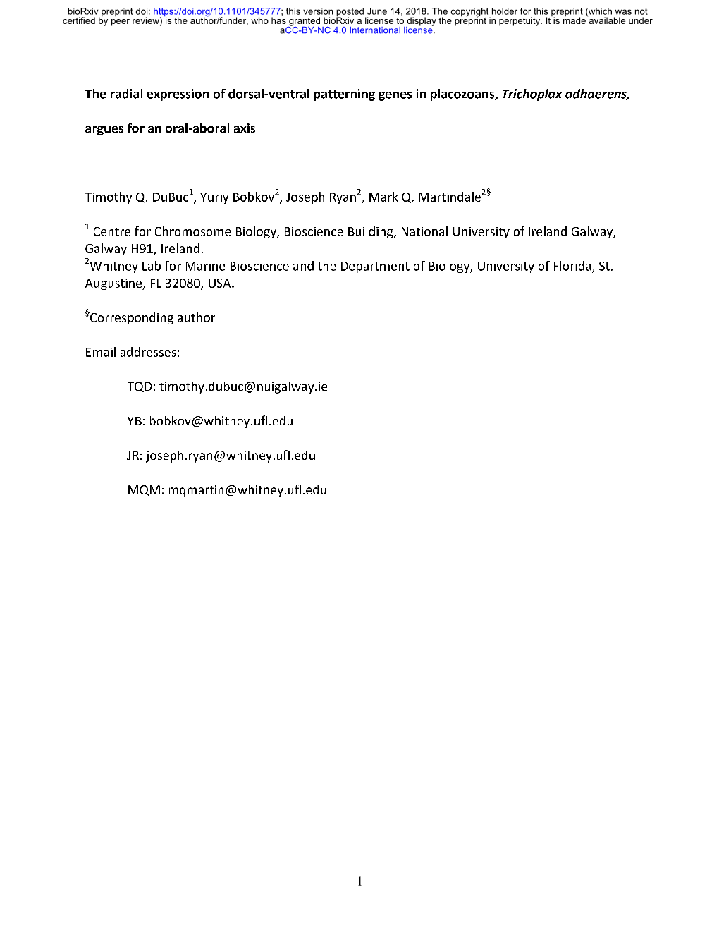 The Radial Expression of Dorsal-Ventral Patterning Genes in Placozoans, Trichoplax Adhaerens