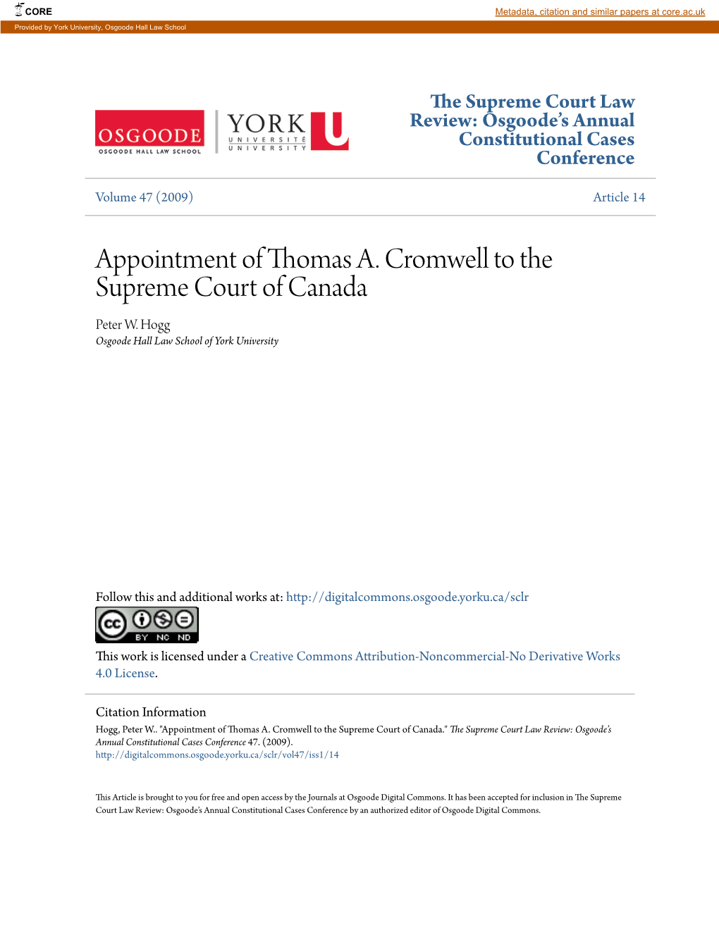 Appointment of Thomas A. Cromwell to the Supreme Court of Canada Peter W