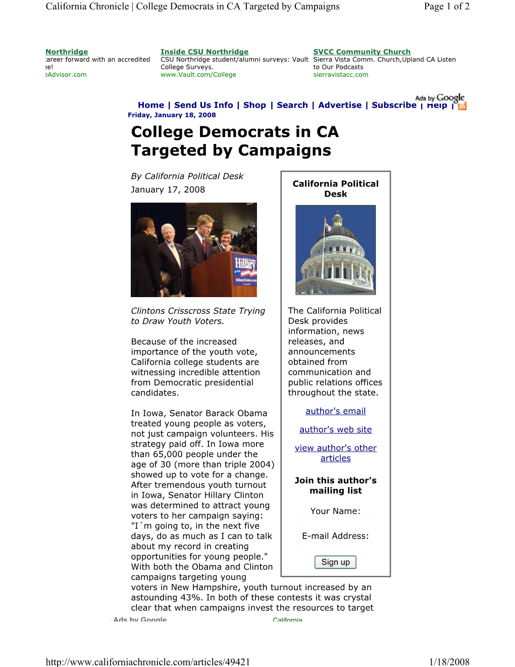 College Democrats in CA Targeted by Campaigns Page 1 of 2