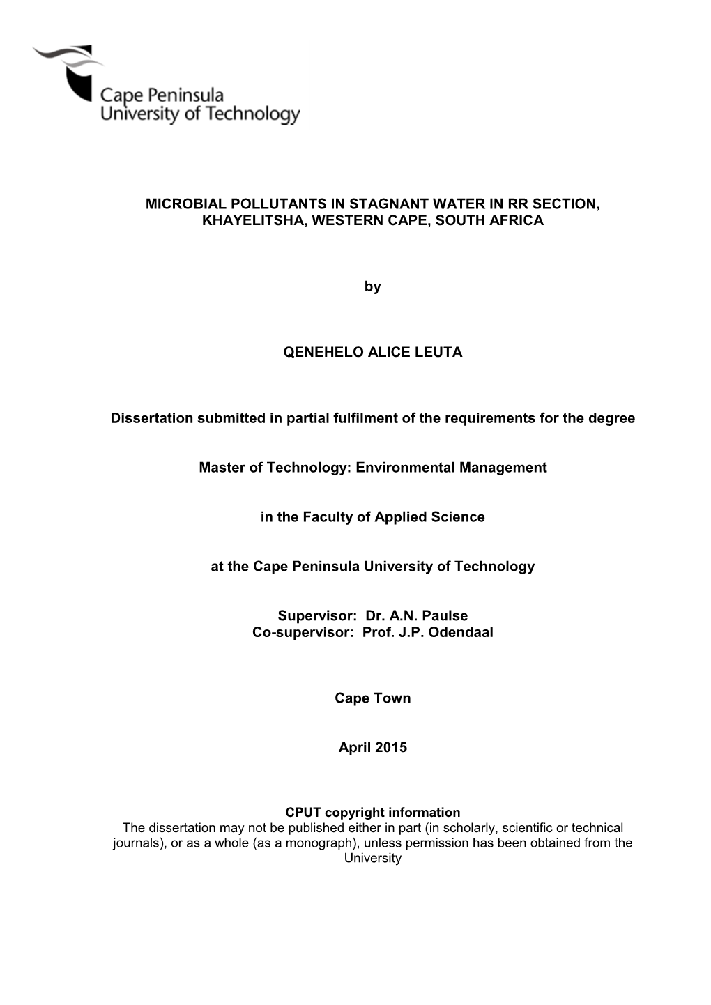 Microbial Pollutants in Stagnant Water in Rr Section, Khayelitsha, Western Cape, South Africa