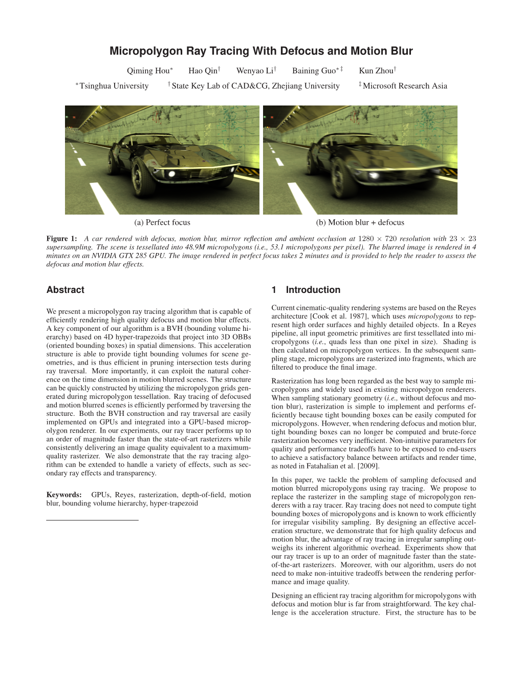 Micropolygon Ray Tracing with Defocus and Motion Blur