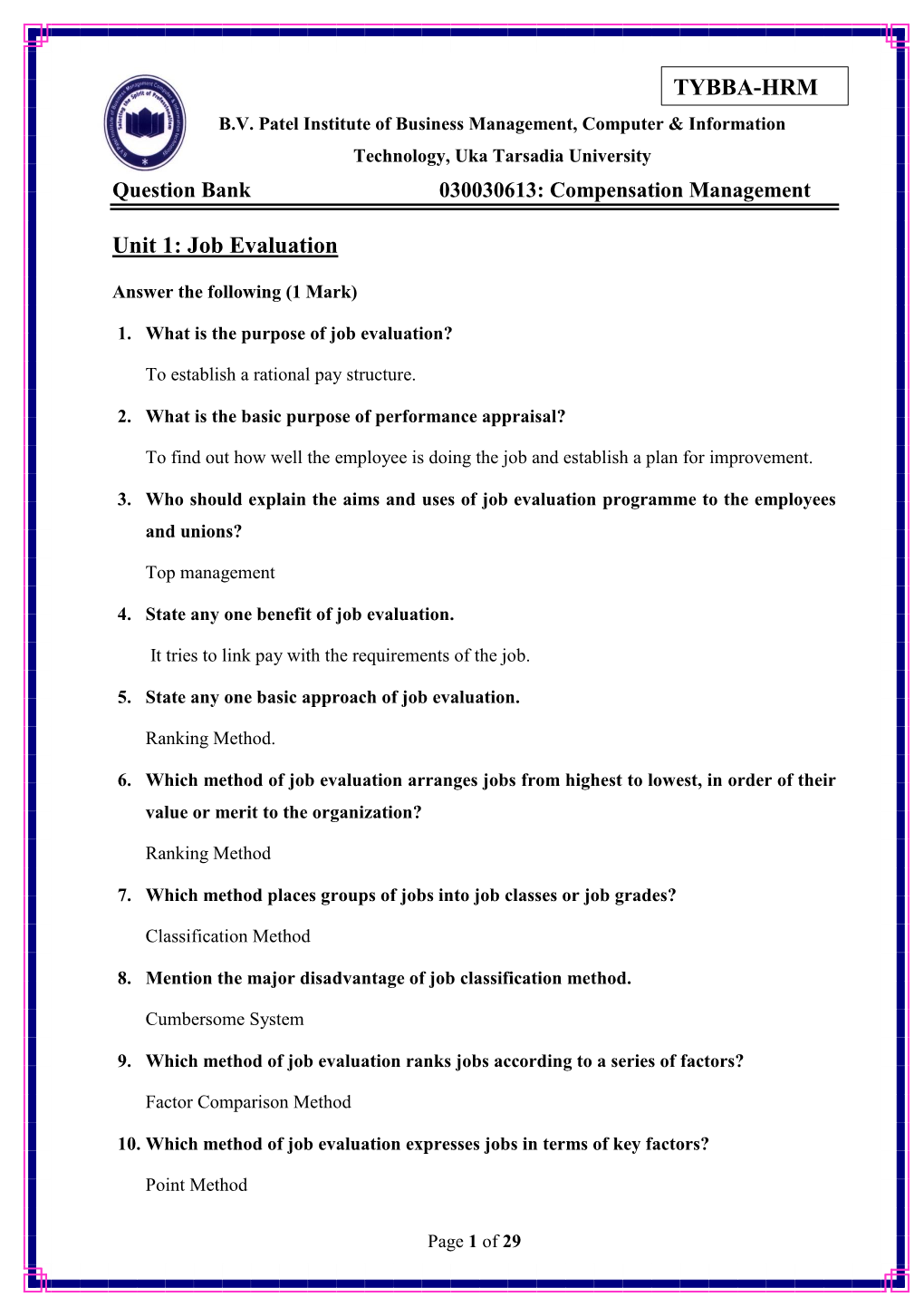 Unit 1: Job Evaluation TYBBA-HRM