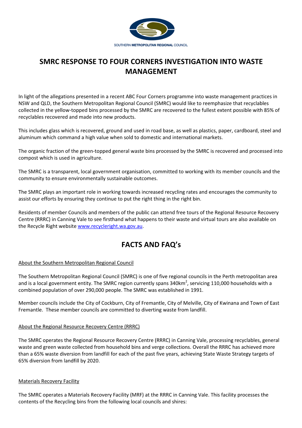 Smrc Response to Four Corners Investigation Into Waste Management