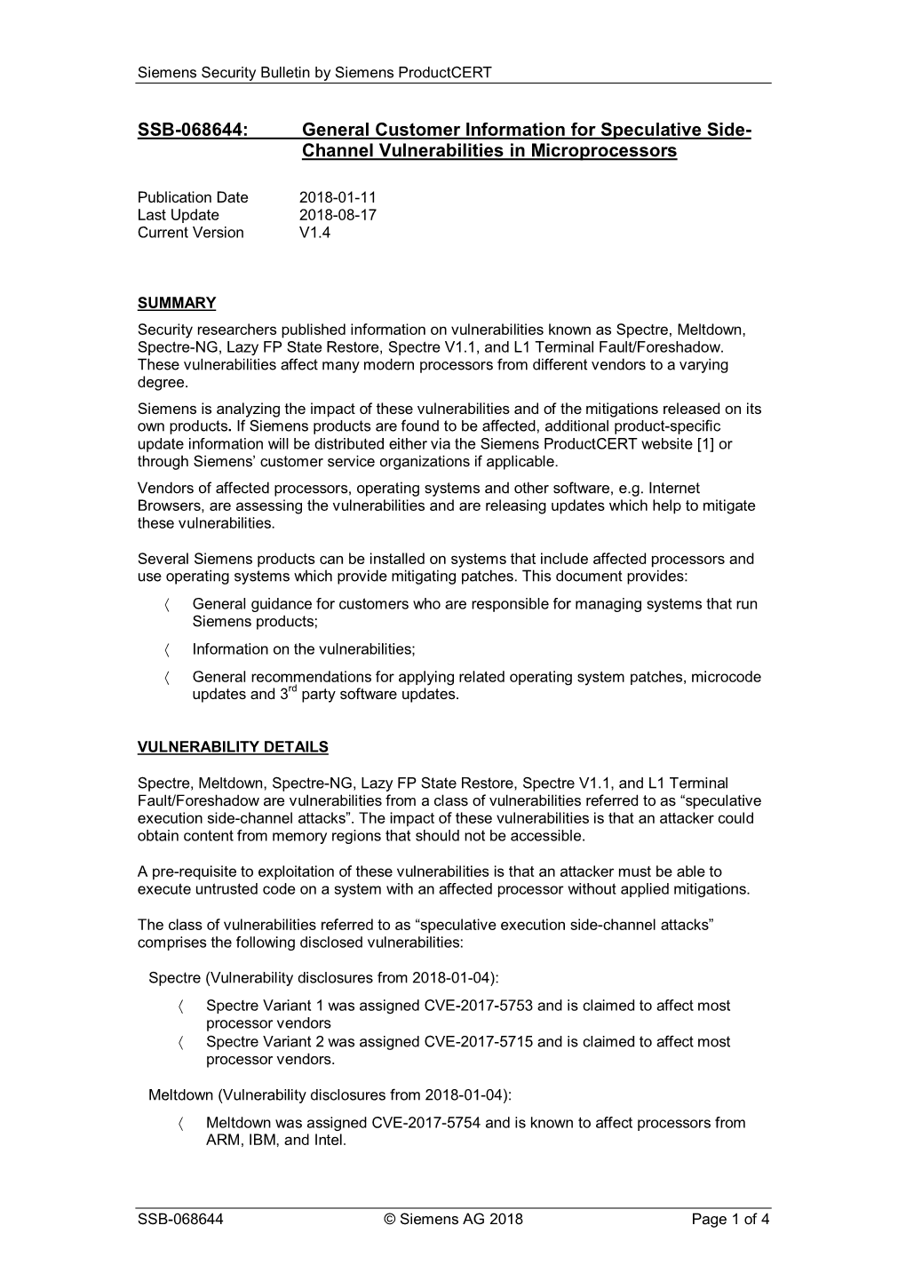 SSB-068644: General Customer Information for Speculative Side- Channel Vulnerabilities in Microprocessors