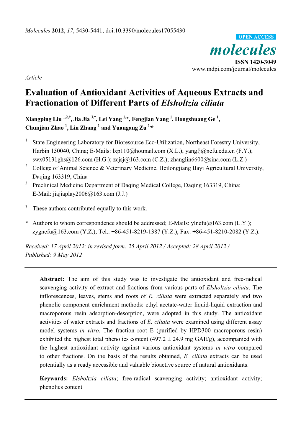 Evaluation of Antioxidant Activities of Aqueous Extracts and Fractionation of Different Parts of Elsholtzia Ciliata