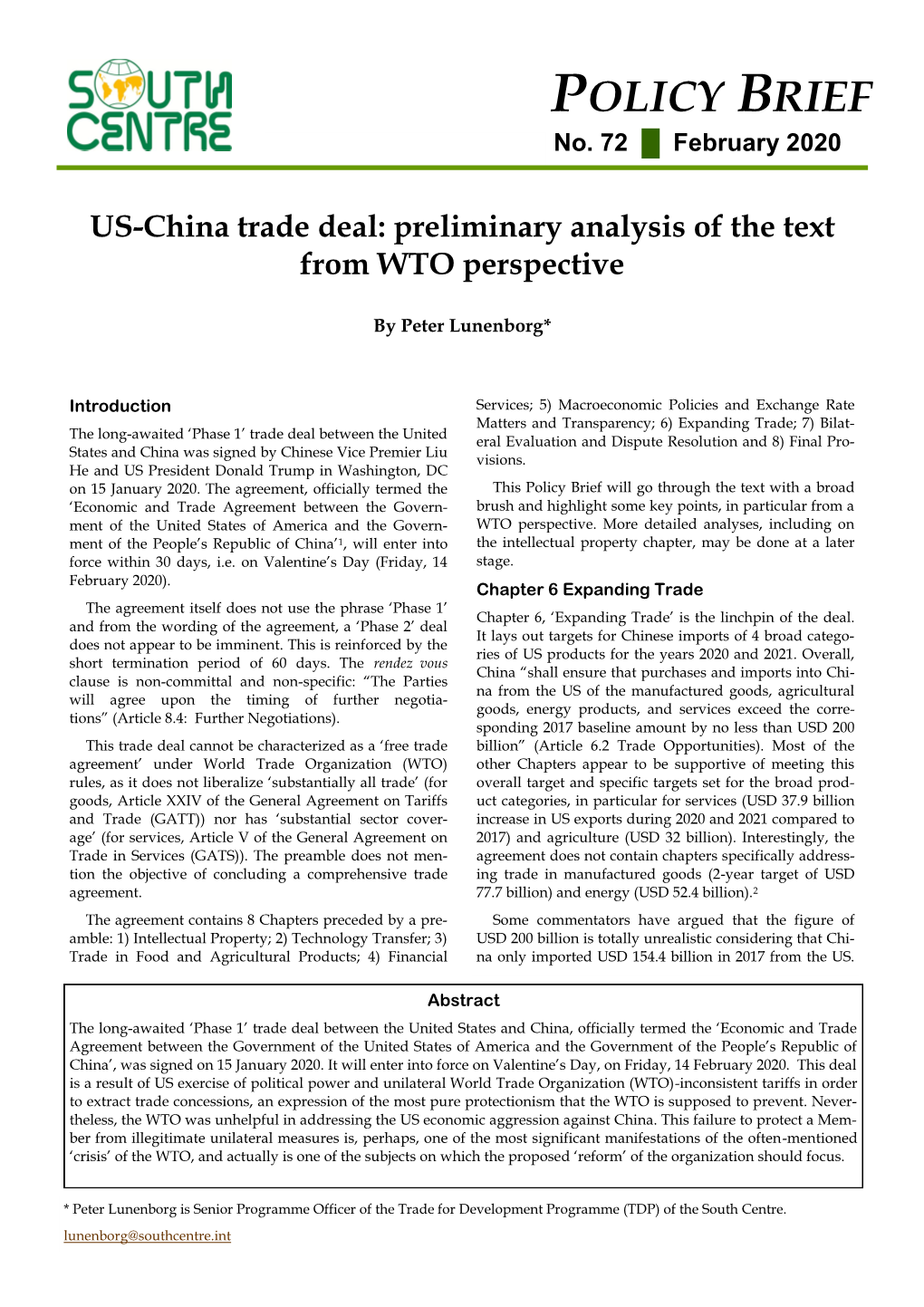 US-China Trade Deal: Preliminary Analysis of the Text from WTO Perspective