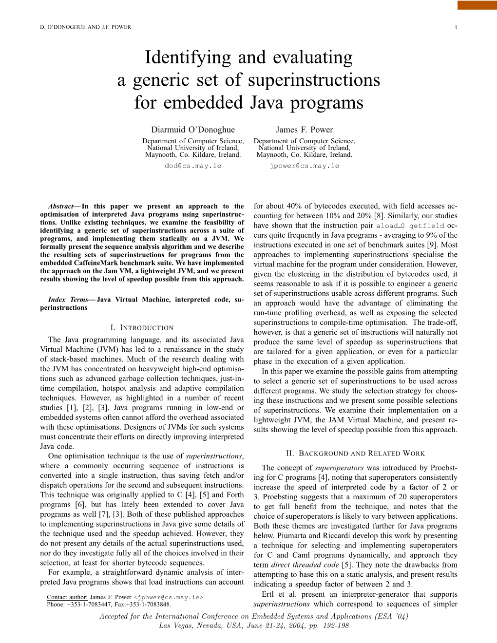 Identifying and Evaluating a Generic Set of Superinstructions for Embedded Java Programs