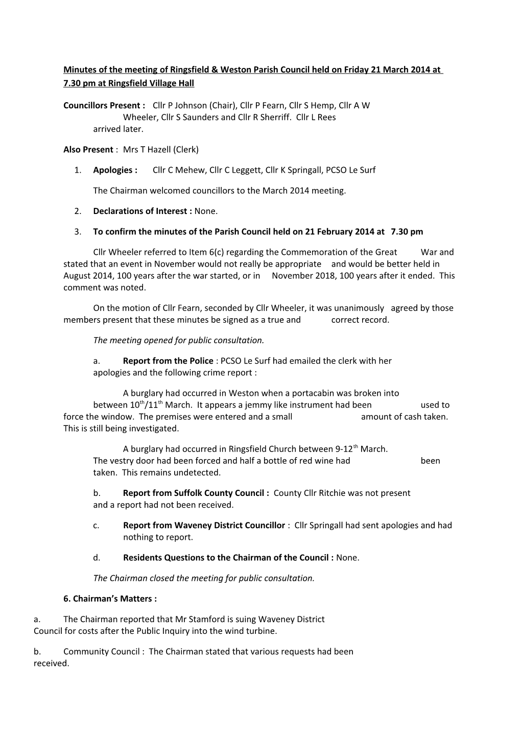 Minutes of the Meeting of Ringsfield & Weston Parish Council Held on Friday 21 March 2014