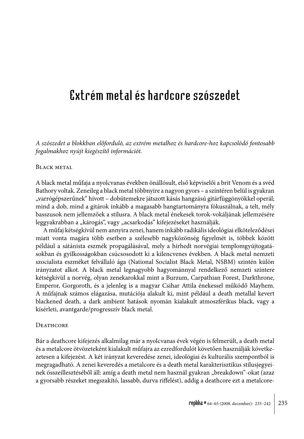 Extrém Metal És Hardcore Szószedet