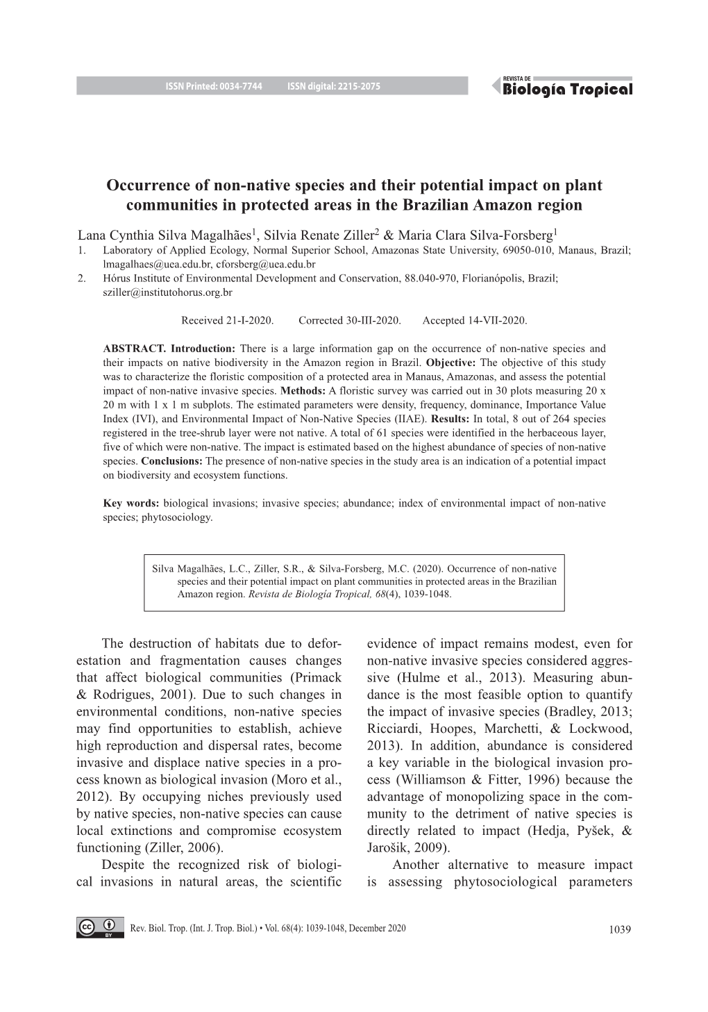 Occurrence of Non-Native Species and Their Potential Impact on Plant Communities in Protected Areas in the Brazilian Amazon Region