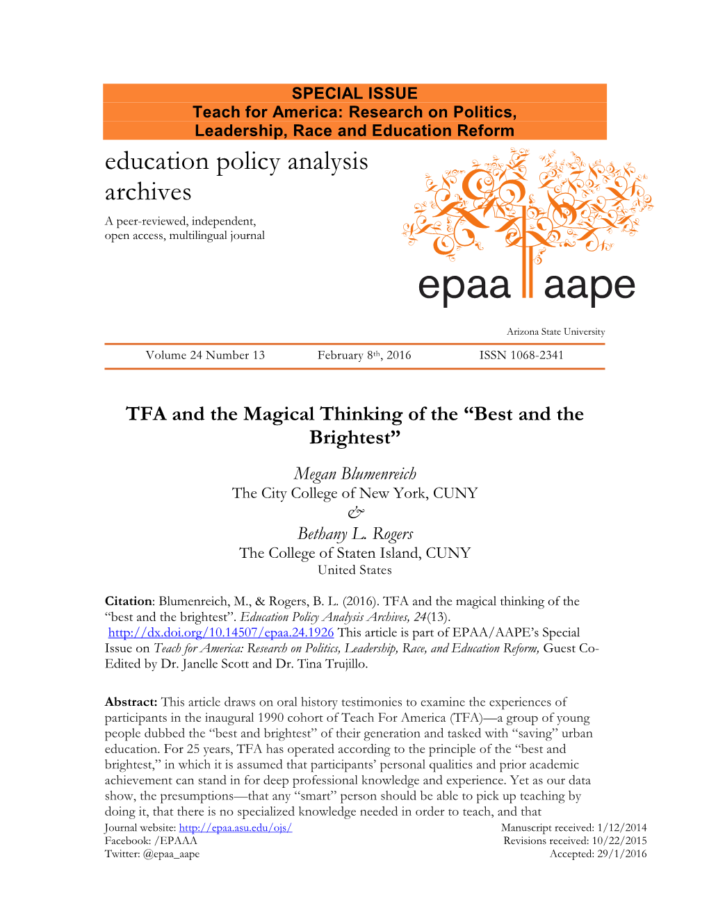 TFA and the Magical Thinking of the “Best and the Brightest” Megan Blumenreich the City College of New York, CUNY & Bethany L