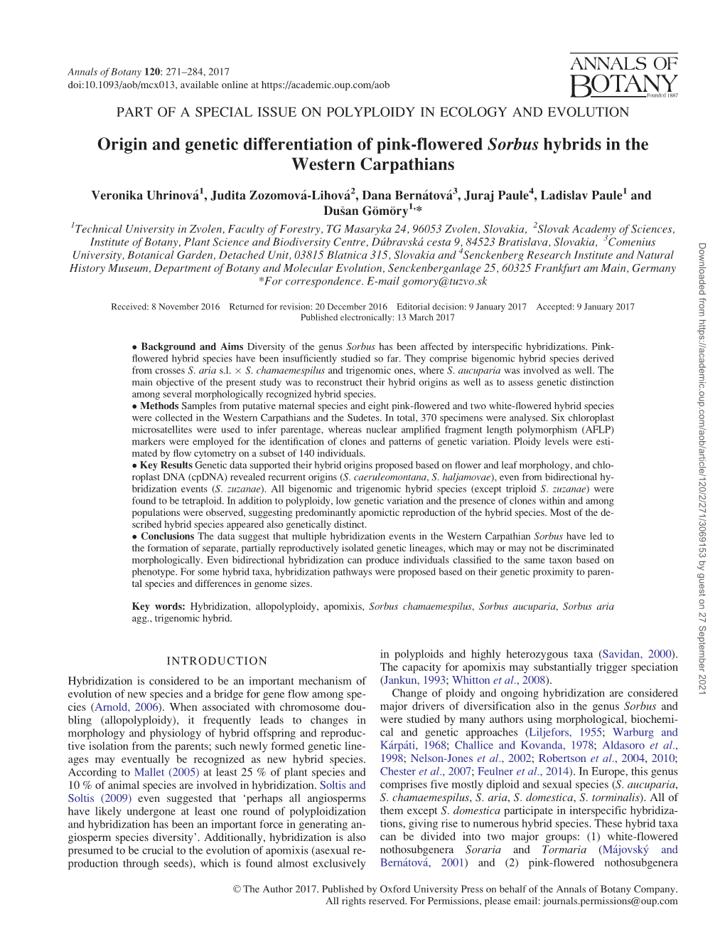 Origin and Genetic Differentiation of Pink-Flowered Sorbus Hybrids in the Western Carpathians