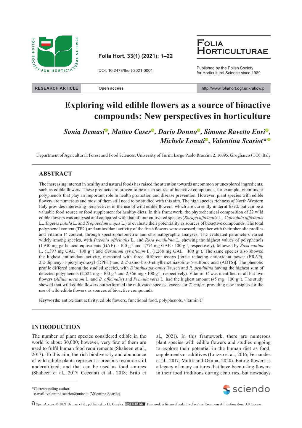 Exploring Wild Edible Flowers As a Source of Bioactive Compounds: New Perspectives in Horticulture