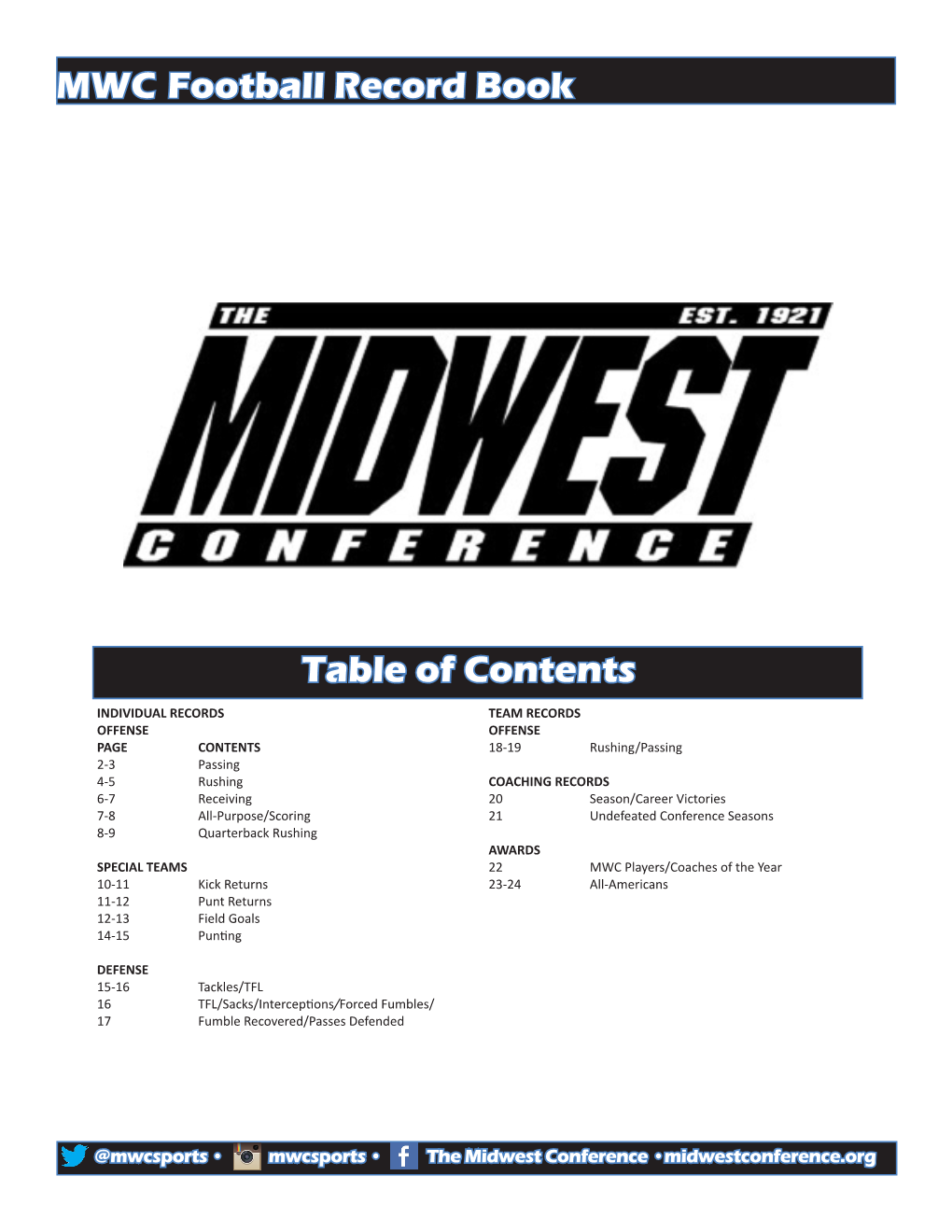 MWC Football Record Book Table of Contents