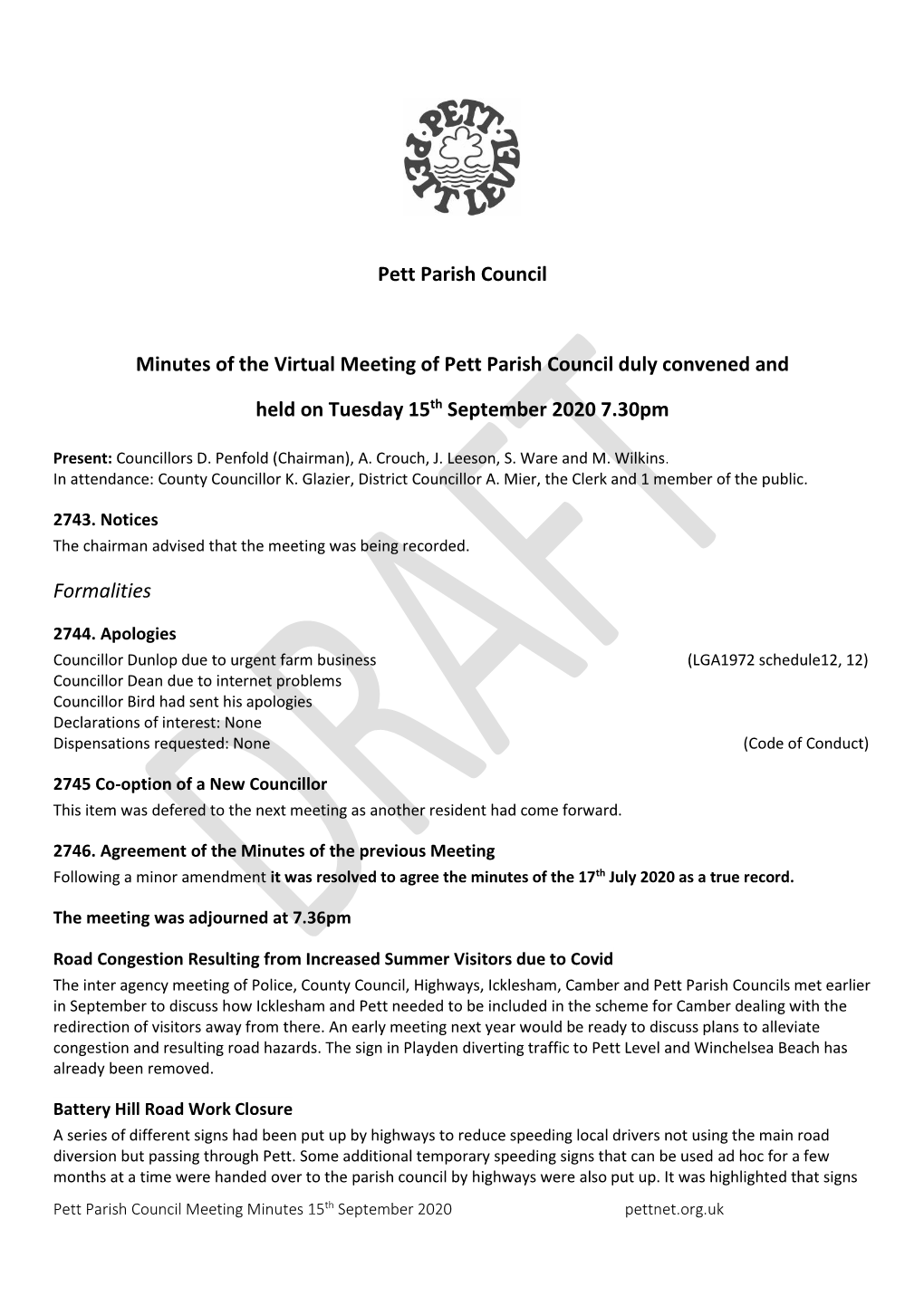 Minutes of the Meeting of Pett Parish Council Duly Convened and Held on Tuesday 17Th April 2007 at Pett Village Hall