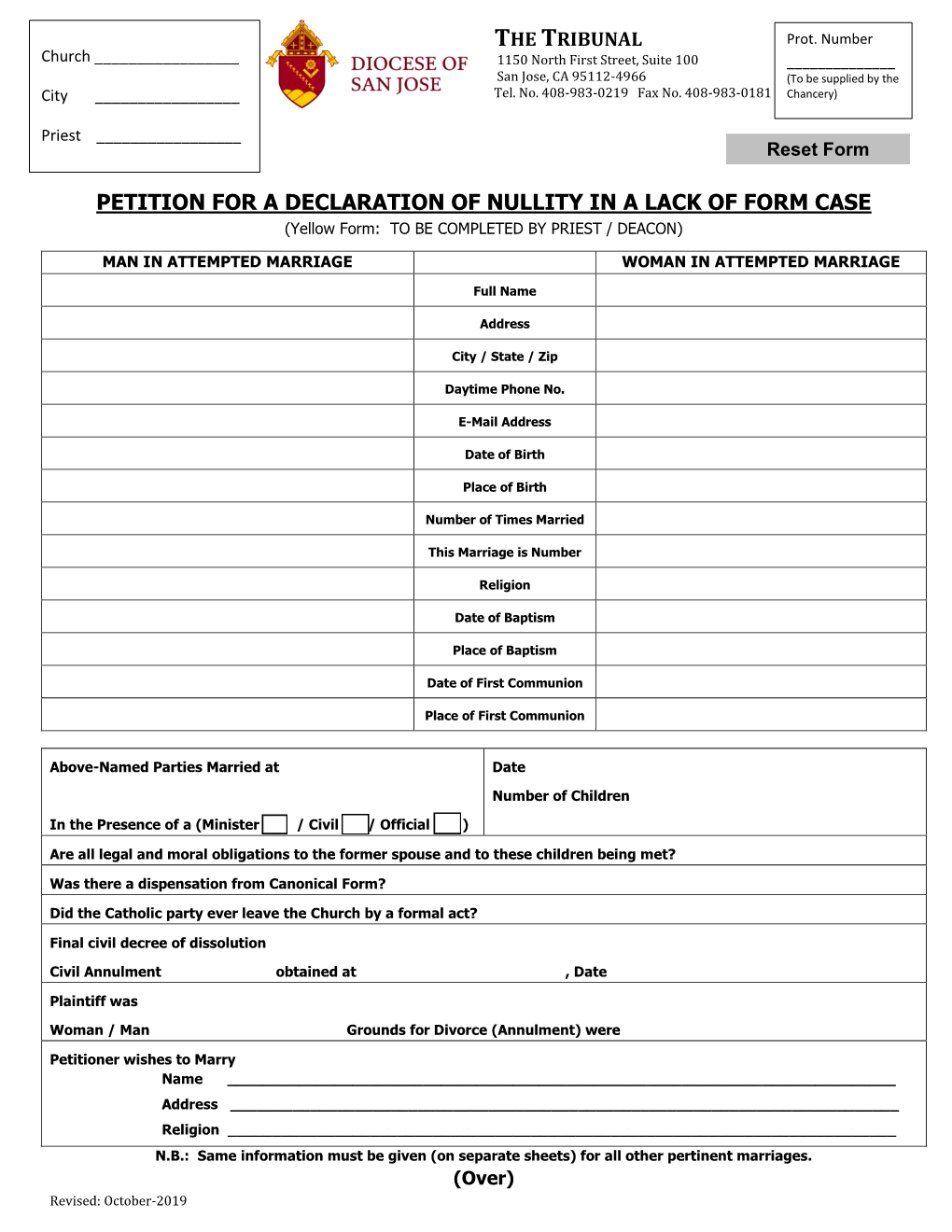 PETITION for a DECLARATION of NULLITY in a LACK of FORM CASE (Yellow Form: to BE COMPLETED by PRIEST / DEACON)