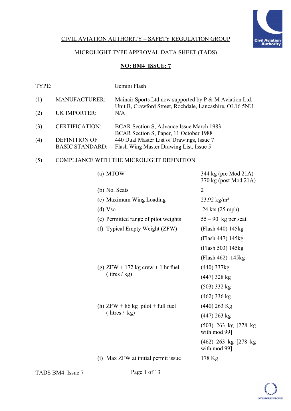 Microlight Type Approval Data Sheet BM 04 Issue 07