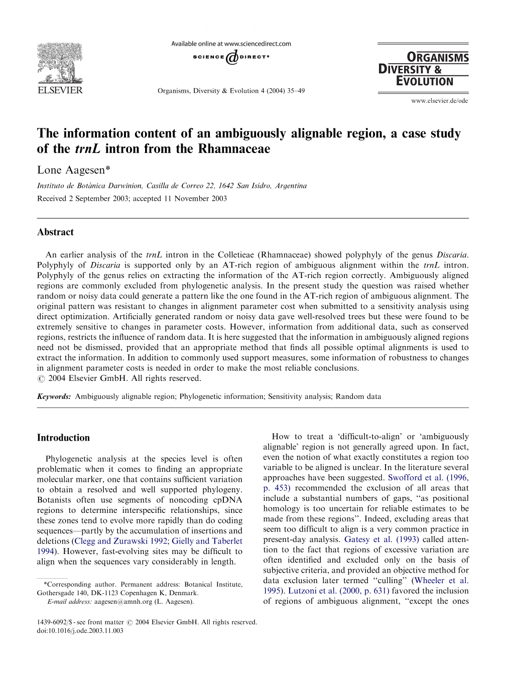 The Information Content of an Ambiguously Alignable Region, a Case Study of the Trnl Intron from the Rhamnaceae