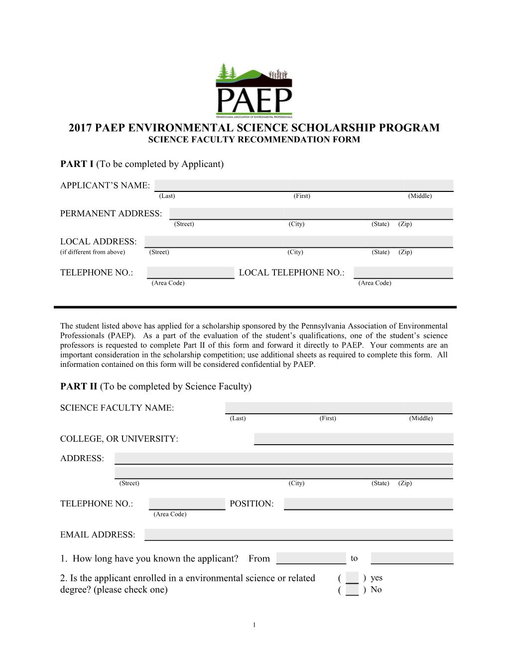 2017 Paep Environmental Science Scholarship Program