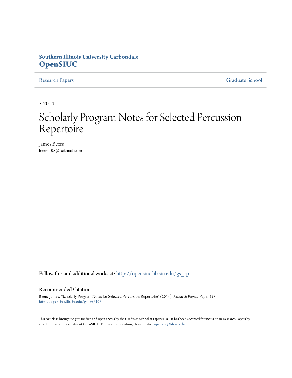 Scholarly Program Notes for Selected Percussion Repertoire James Beers Beers 05@Hotmail.Com
