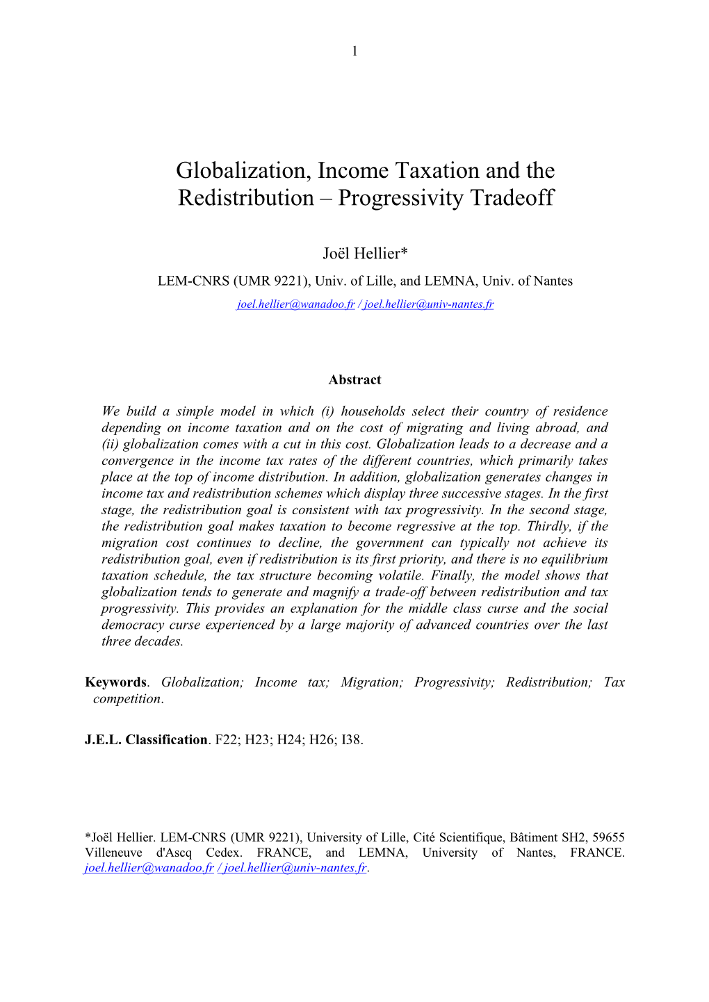 Globalization, Income Taxation and the Redistribution – Progressivity Tradeoff