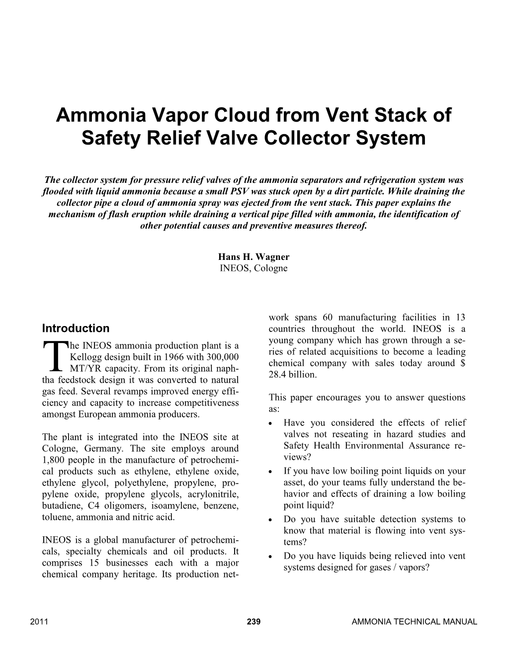 Ammonia Vapor Cloud from Vent Stack of Safety Relief Valve Collector System