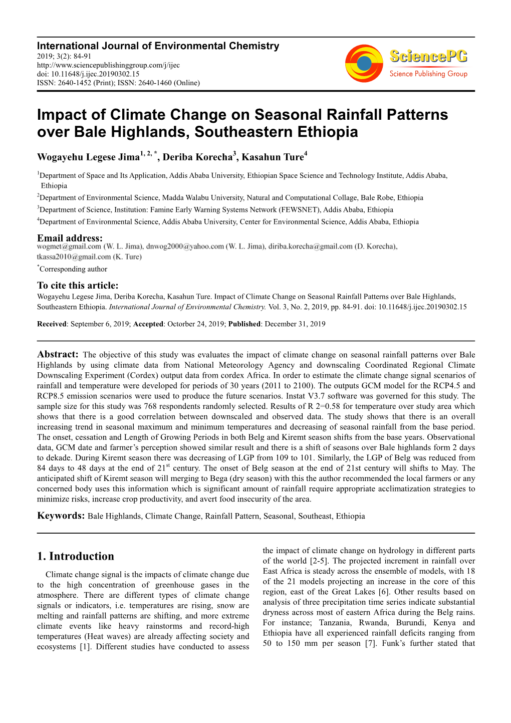 Impact of Climate Change on Seasonal Rainfall Patterns Over Bale Highlands, Southeastern Ethiopia