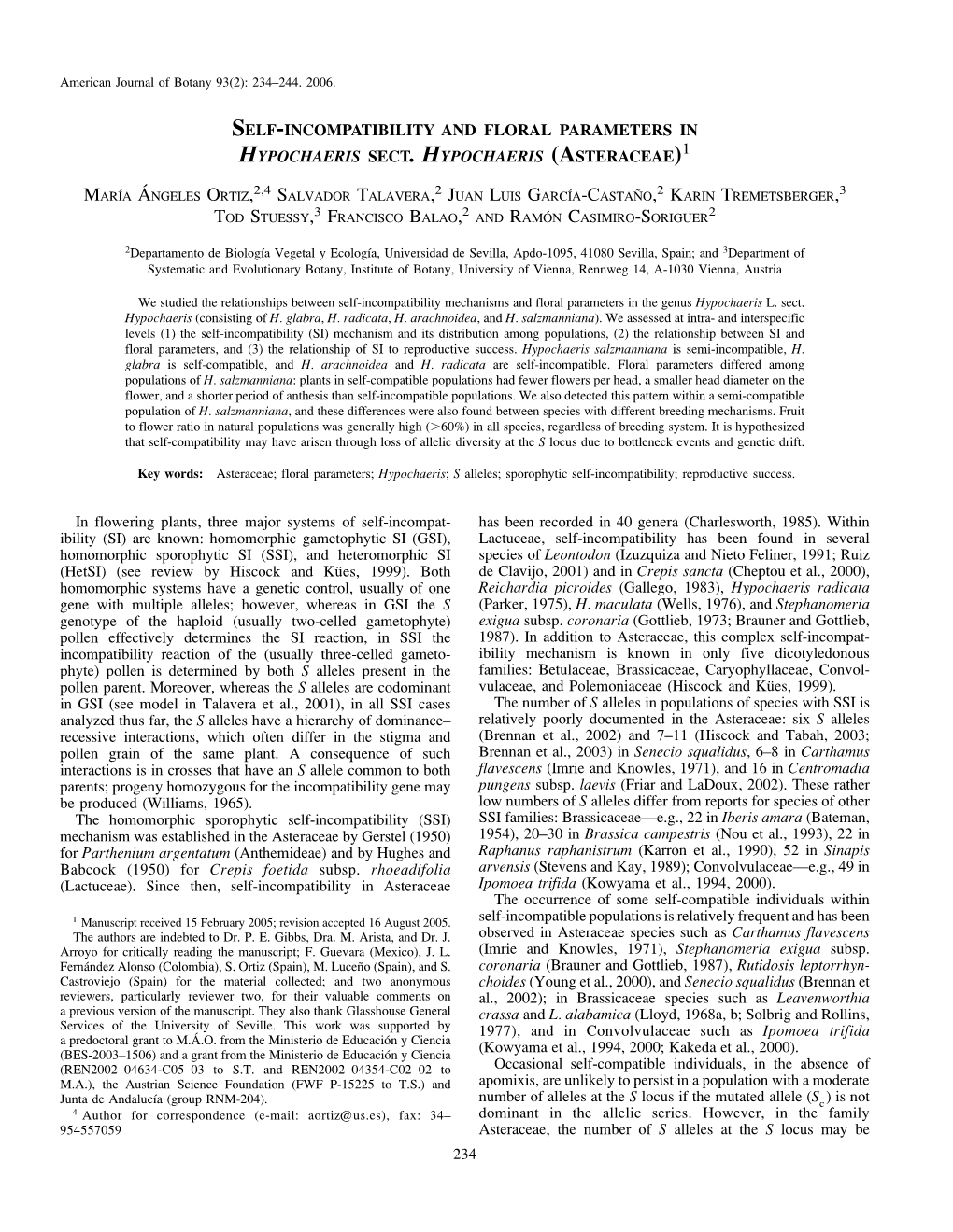 Self-Incompatibility and Floral Parameters in Hypochaeris Sect