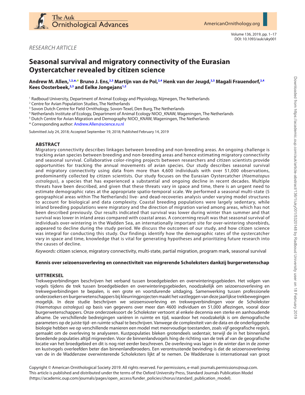 Seasonal Survival and Migratory Connectivity of the Eurasian