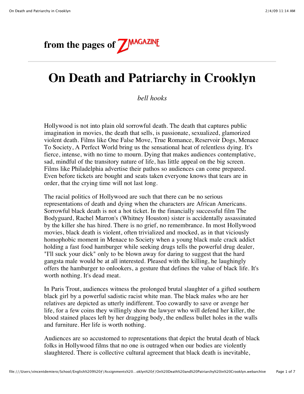 On Death and Patriarchy in Crooklyn 2/4/09 11:14 AM
