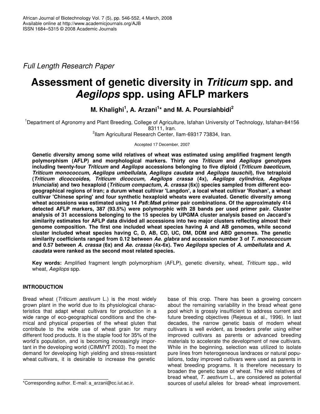 Assessment of Genetic Diversity in Triticum Spp. and Aegilops Spp. Using AFLP Markers