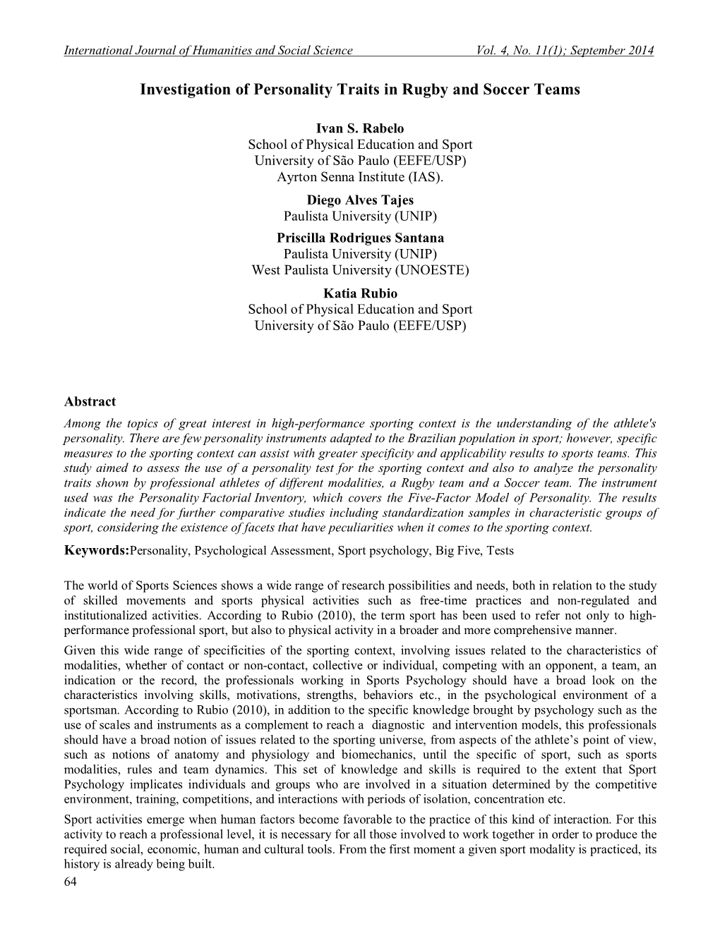 Investigation of Personality Traits in Rugby and Soccer Teams