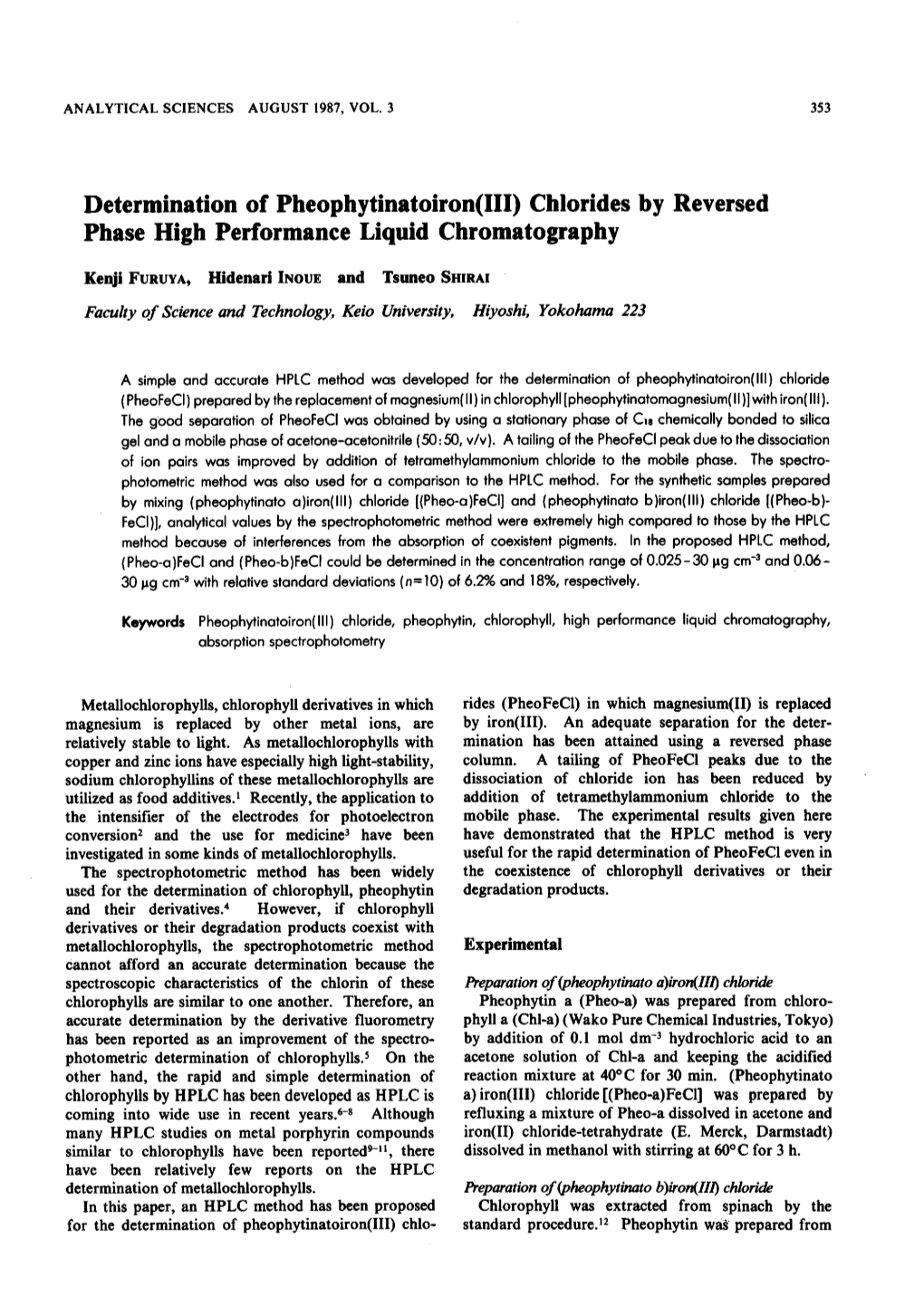 Determination of Pheophytinatoiron (III) Chlorides by Reversed Phase