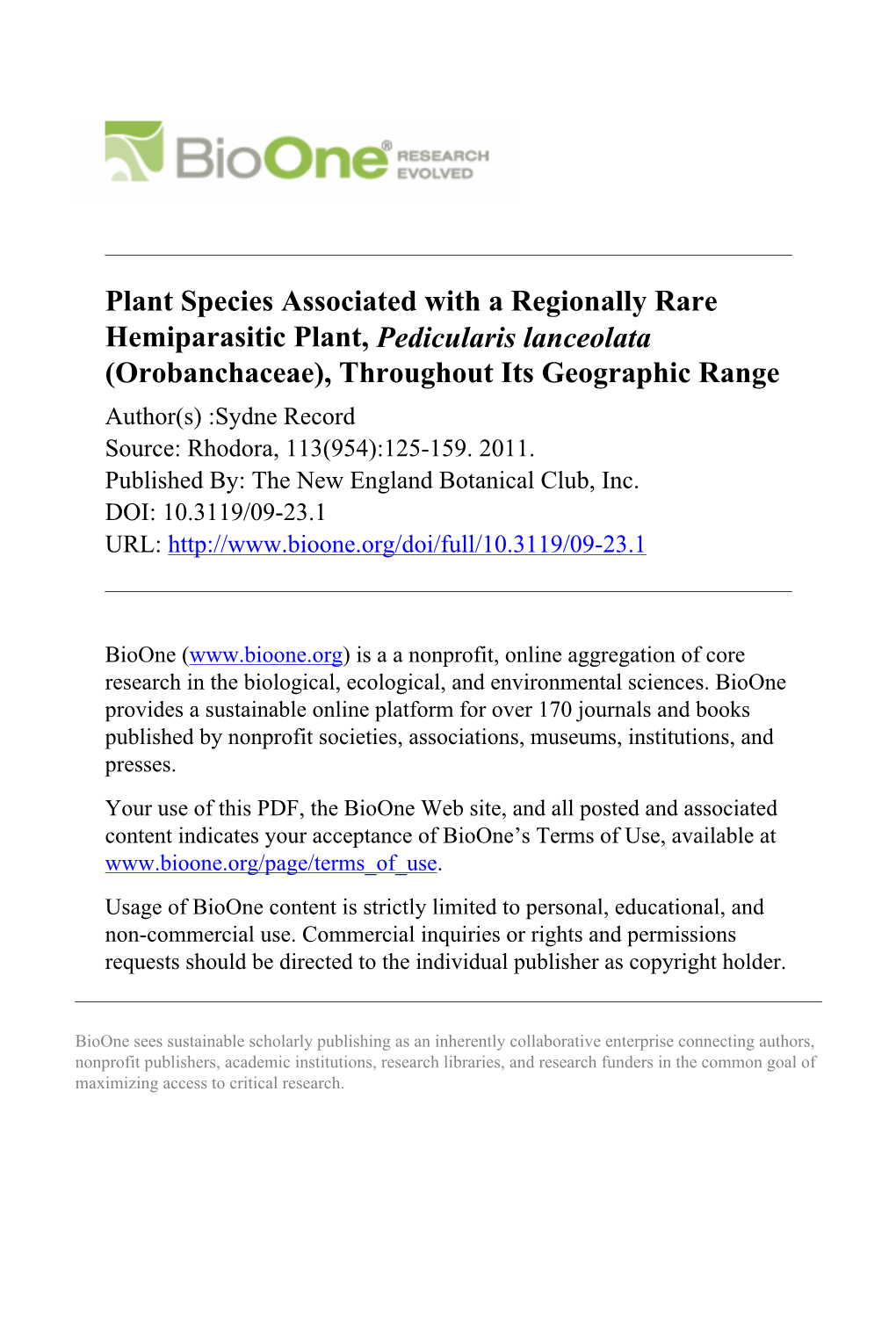 Plant Species Associated with a Regionally Rare