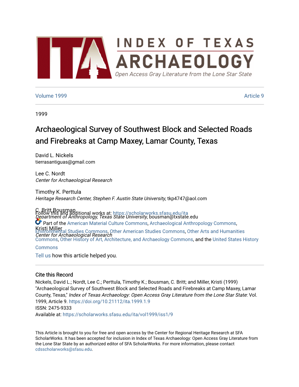 Archaeological Survey of Southwest Block and Selected Roads and Firebreaks at Camp Maxey, Lamar County, Texas