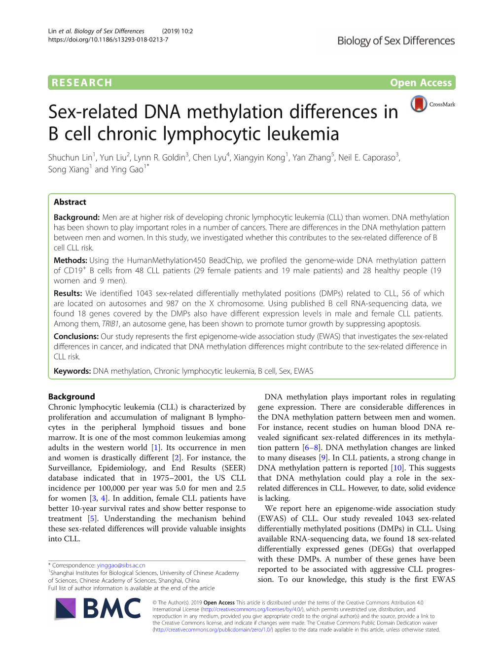 Sex-Related DNA Methylation Differences in B Cell Chronic Lymphocytic Leukemia Shuchun Lin1, Yun Liu2, Lynn R