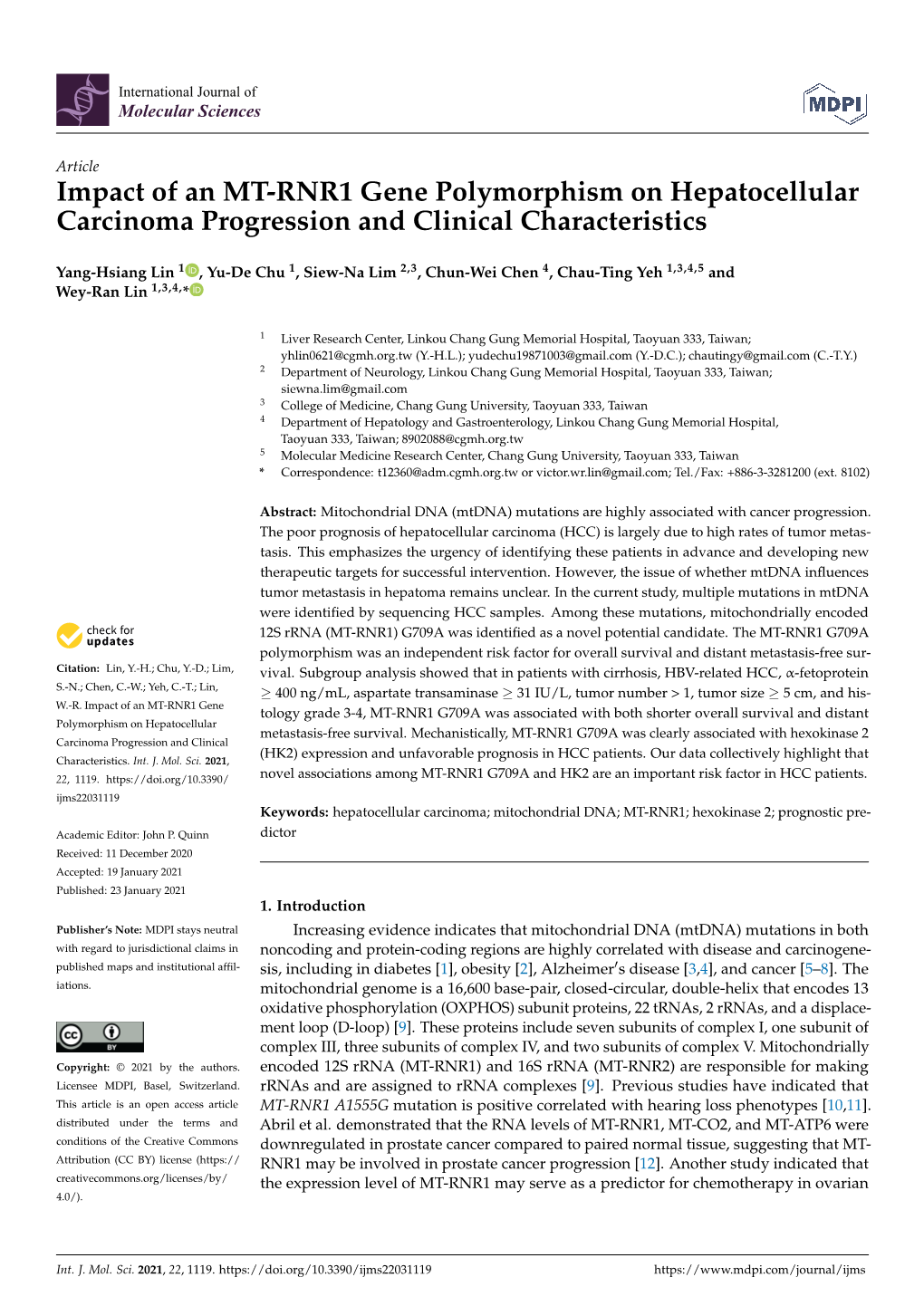 Impact of an MT-RNR1 Gene Polymorphism on Hepatocellular Carcinoma Progression and Clinical Characteristics