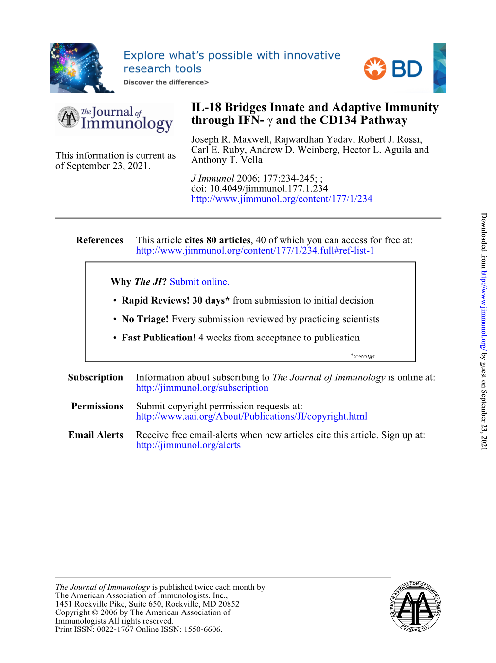 IL-18 Bridges Innate and Adaptive Immunity Through IFN- Γ and the CD134 Pathway Joseph R