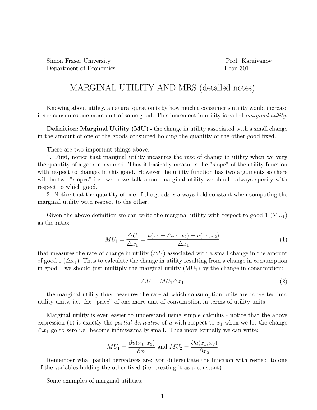 MARGINAL UTILITY and MRS (Detailed Notes)